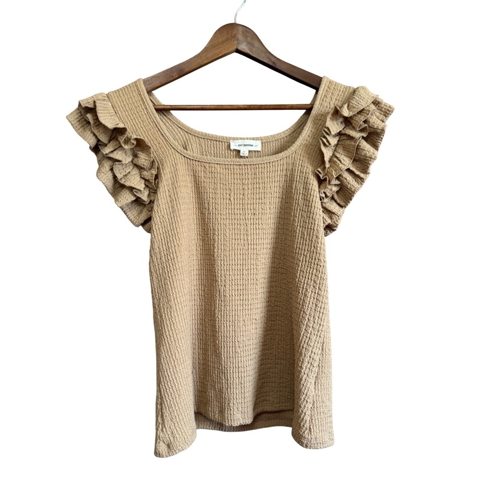 ee:some Ruffle Sleeve Top Women Size Medium Tan Excellent Textured Square Neck